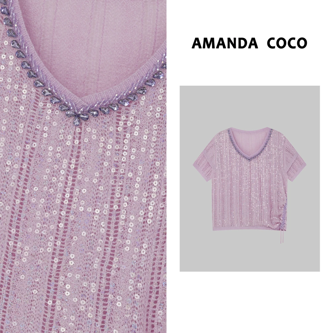 灿灿# 浪漫遐想～夏季薄款串钻亮片显瘦气质镂空短袖针织衫