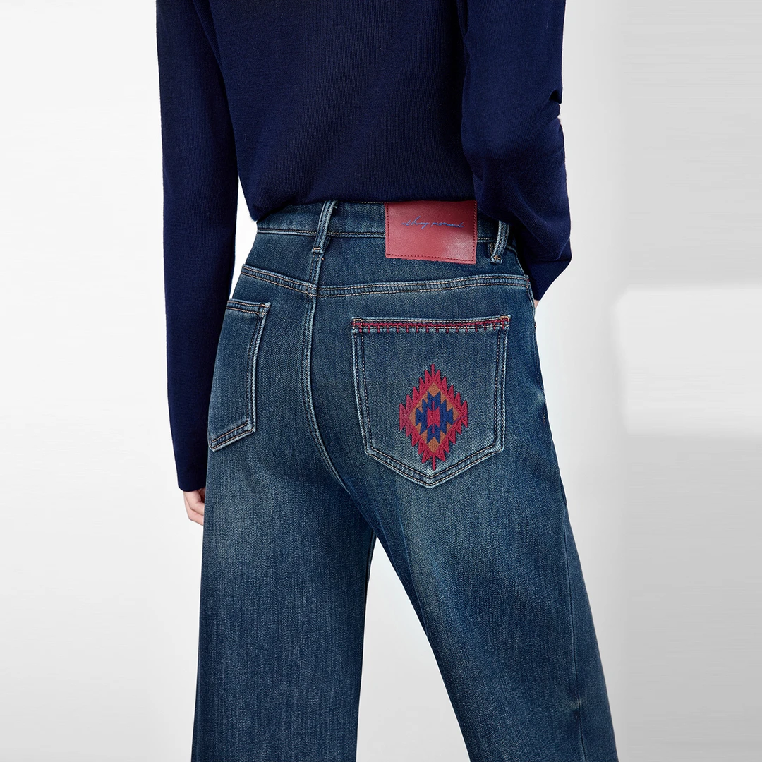 蓝色直筒复古四面弹磨牛仔裤裤子图腾刺绣阔腿裤新宽松款高腰