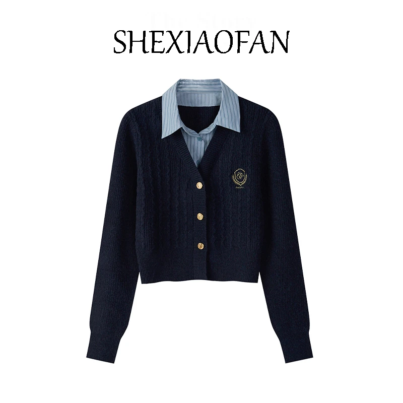 假两件长袖针织毛衣女2025早秋新款英伦学院风POLO领长袖开衫上衣