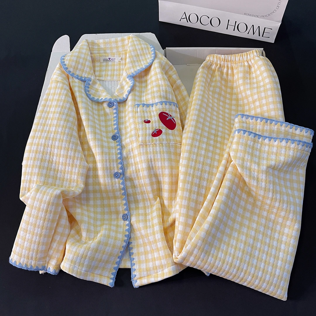 甜美番茄睡衣女秋冬季空气棉夹层加厚保暖黄色格子宽松家居服套装