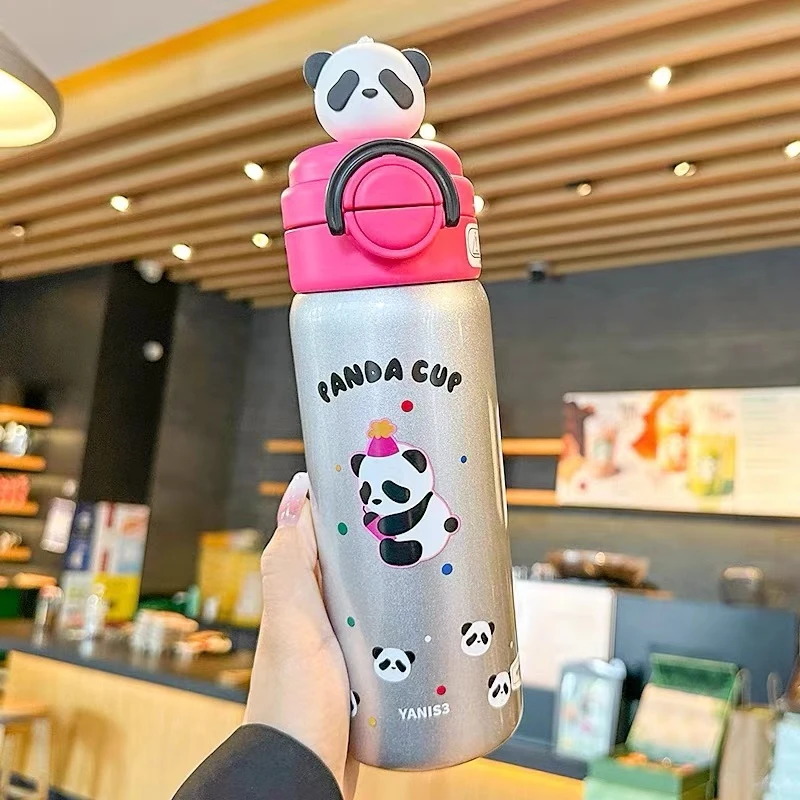 586 熊猫水杯2024新款男女孩高颜值一盖双饮吸管保温水杯
