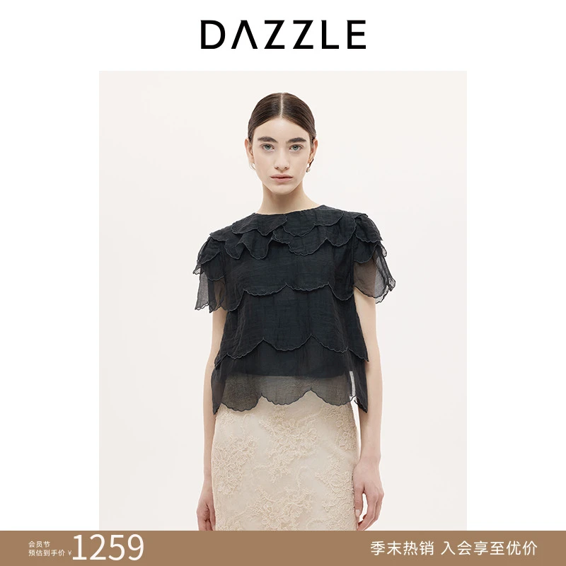 DAZZLE 地素衬衫25秋新款黑色短袖小上衣2J3D306