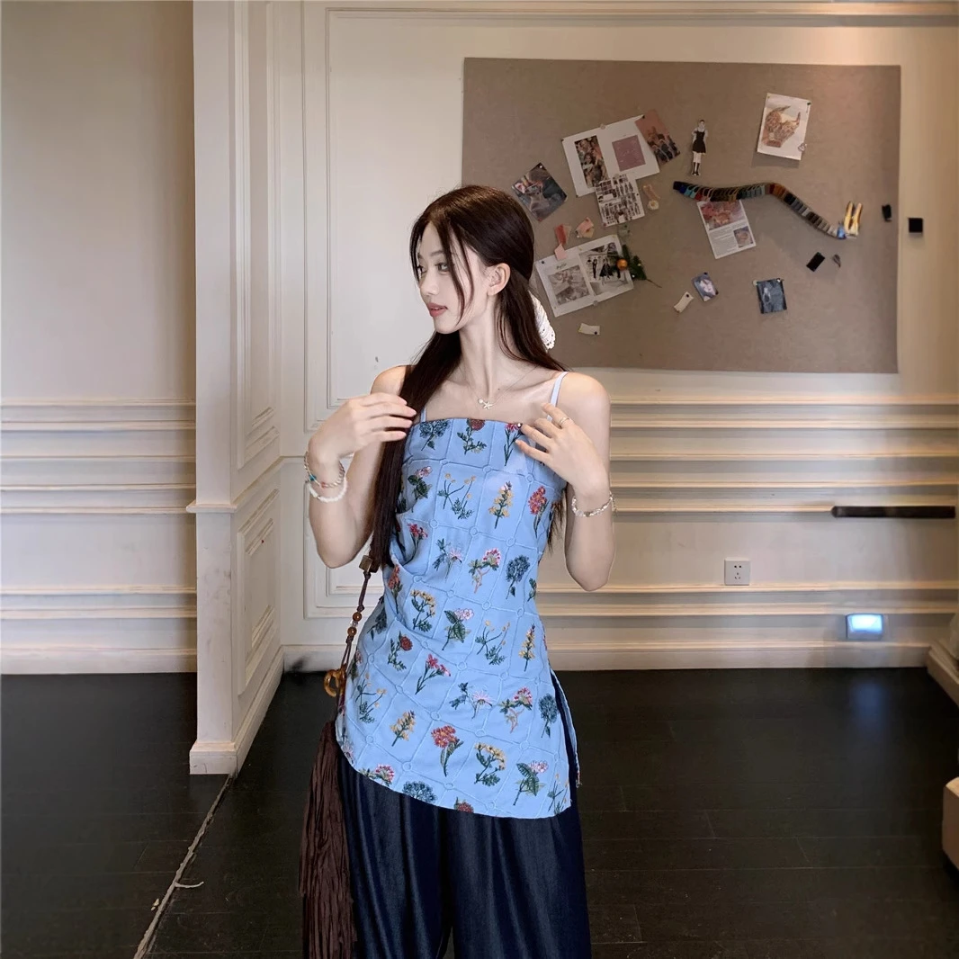 复古设计感小众花朵刺绣背心吊带上衣+阔腿裤子韩版女装新款