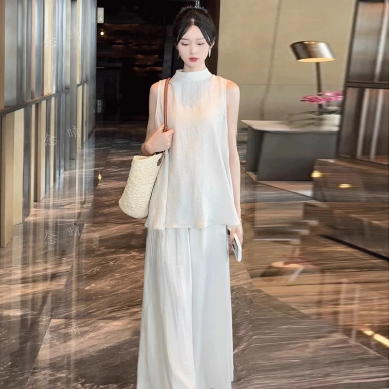 时尚套装女2025夏季新款洋气显瘦减龄无袖上衣阔腿裤气质两件套潮