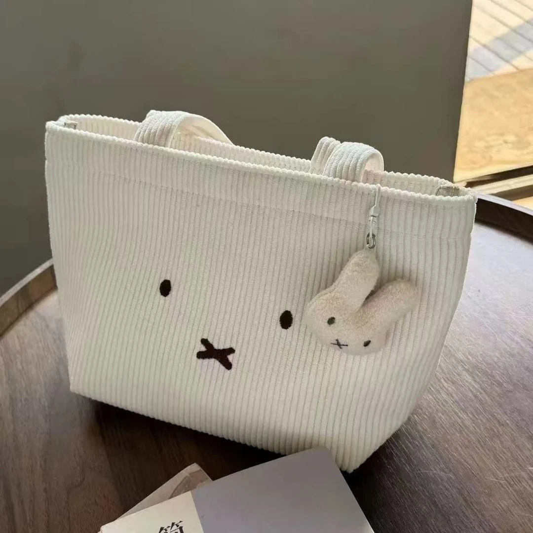日系可爱米飞兔刺绣灯芯绒手提包加厚妈咪托特包便当饭盒手拎袋JY