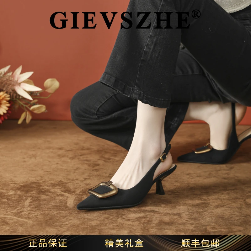 纪诗哲女鞋秋冬新款法式高跟鞋高级感包头凉鞋一字带后空尖头单鞋