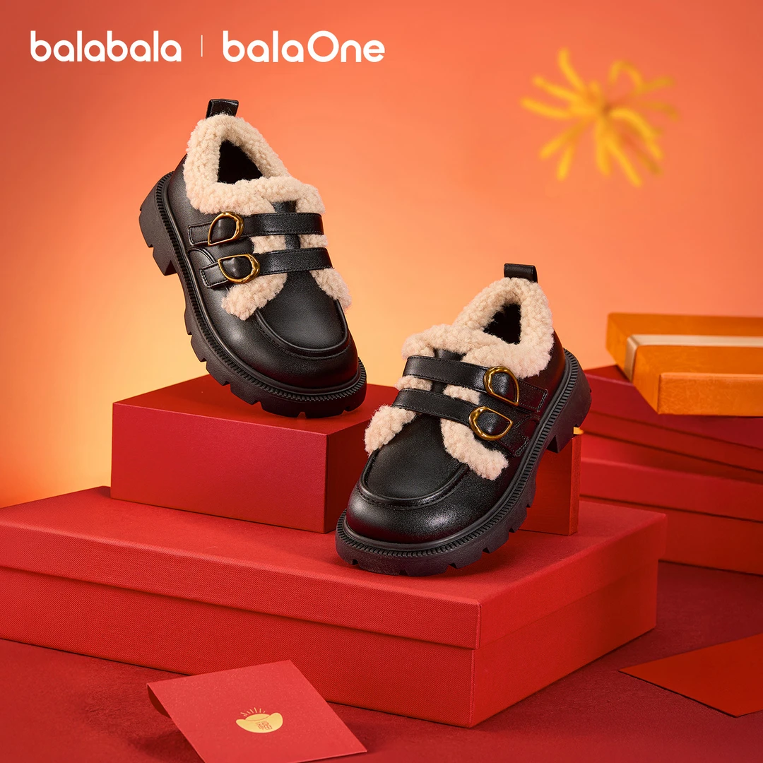 【balaOne】巴拉巴拉女童公主鞋黑色小皮鞋秋冬2025新款仿羊羔毛
