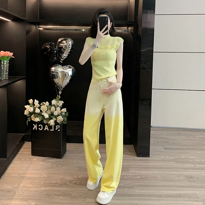 洋气短袖针织衫时尚套装女渐变宽松阔腿牛仔裤显瘦高腰弯刀拖地裤