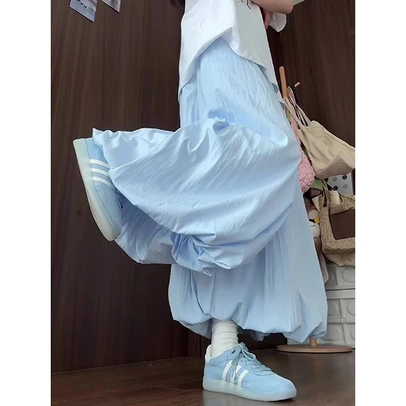 蓝色冰丝花苞裤女夏季薄款2025新款高腰阔腿灯笼裤小个子休闲裙裤