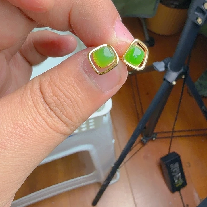 和田玉（碧玉）耳饰银S925镀金镶嵌