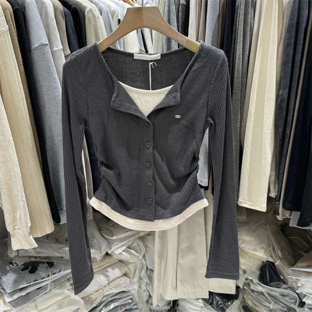 DA静[格雷系假两件长袖T恤]2025春季简约百搭显瘦修身上衣