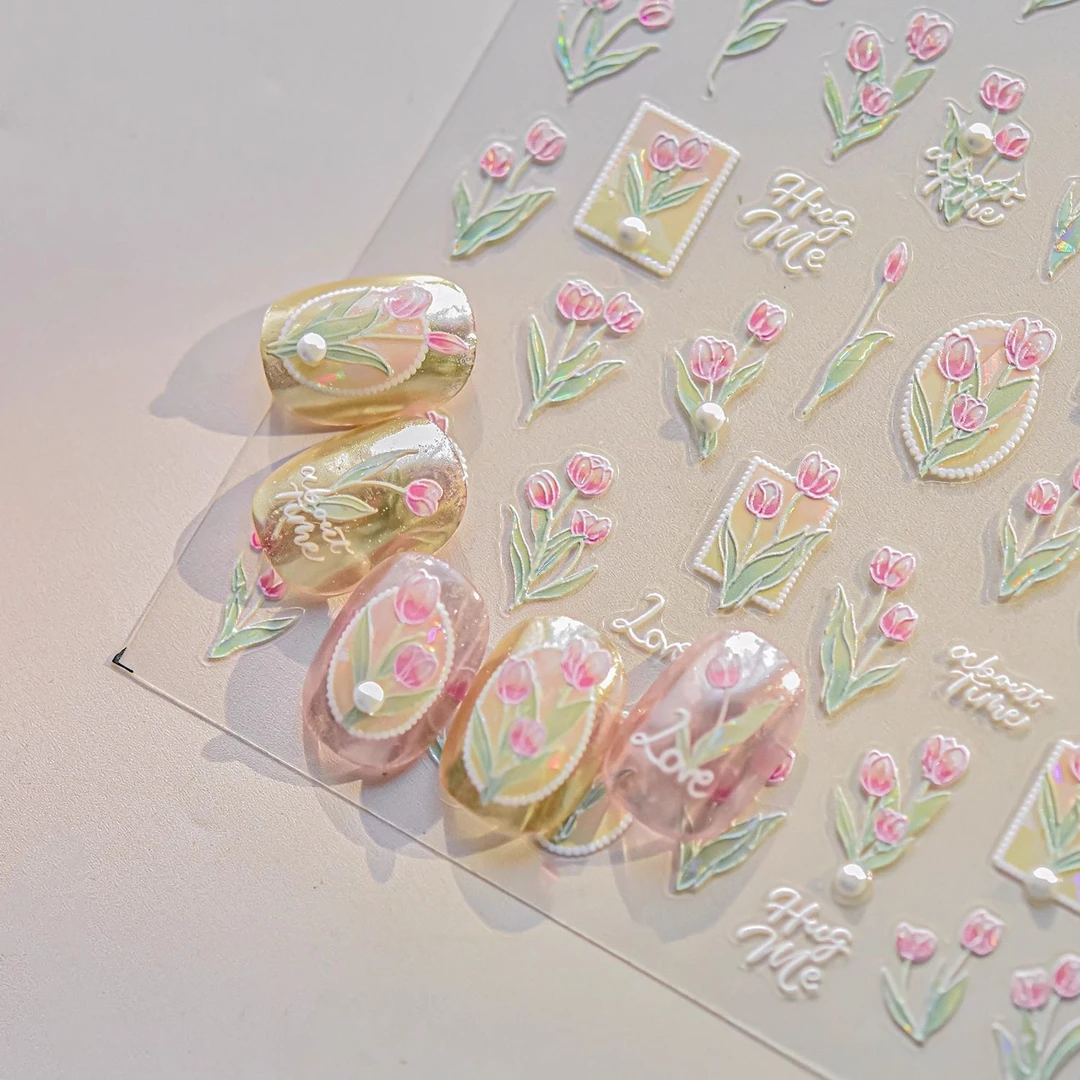 2025新款春日油画风ins郁金香美甲贴纸浮雕唯美防水学生指甲贴纸