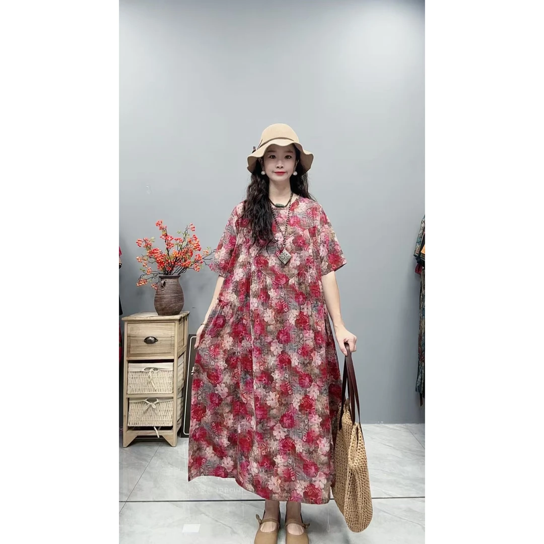 5309夏季新款清凉气质时尚复古遮肚宽松女显瘦百搭圆领休闲连衣裙