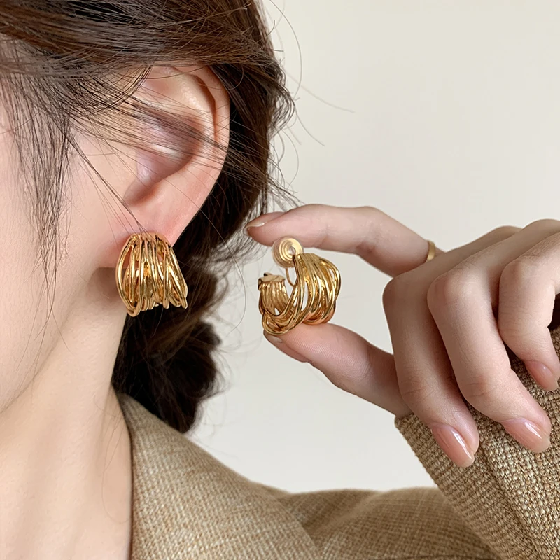 合金耳饰 欧美金色耳夹无耳洞女2025新款高级感金属素圈耳环蚊香