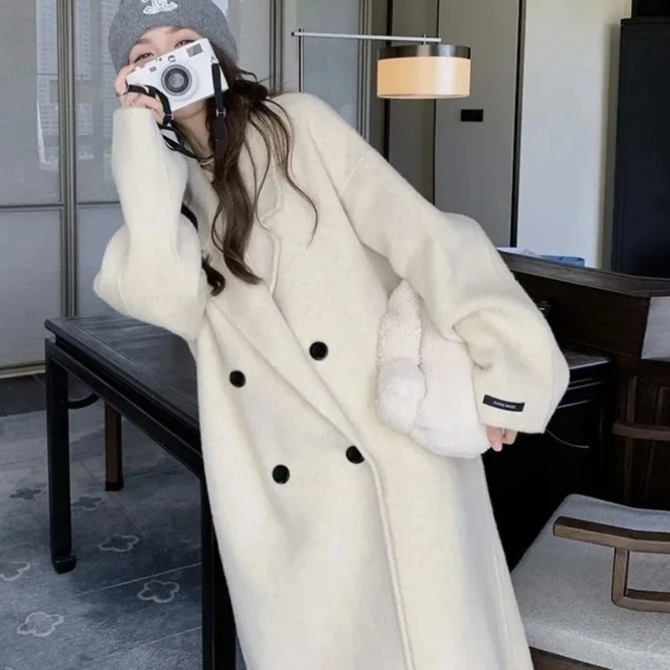 冬季韩版毛呢大衣女士长款宽松显瘦版加厚毛呢外套