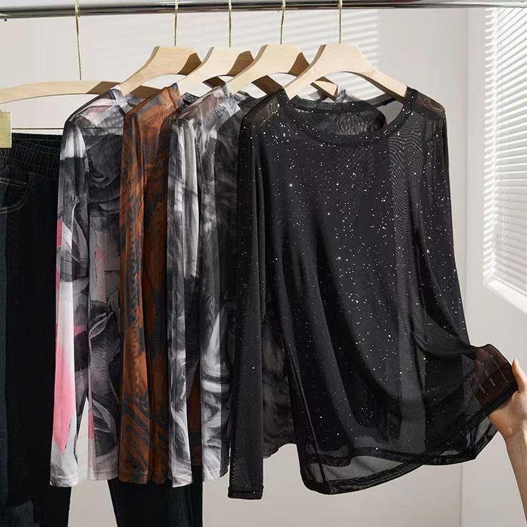 透气夏季新款设计小衫罩衫亮片防晒长袖T恤女亮闪闪宽松显瘦