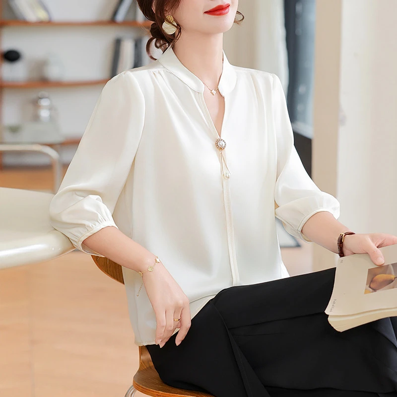 中年妈妈夏装雪纺上衣2025新款七分袖时尚中老年女士气质衬衣小衫