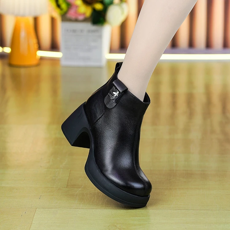 6168冬款头层牛皮粗跟短靴女厚底增高舒适马丁靴加绒加厚保暖棉靴