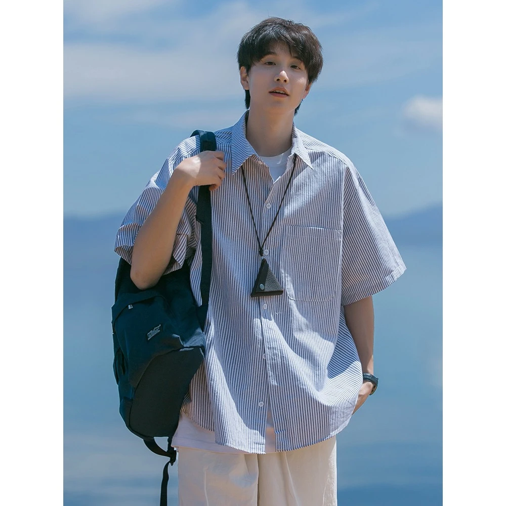 日系cityboy蓝白条纹衬衫短袖男女夏季新款宽松休闲男生衬衣外套