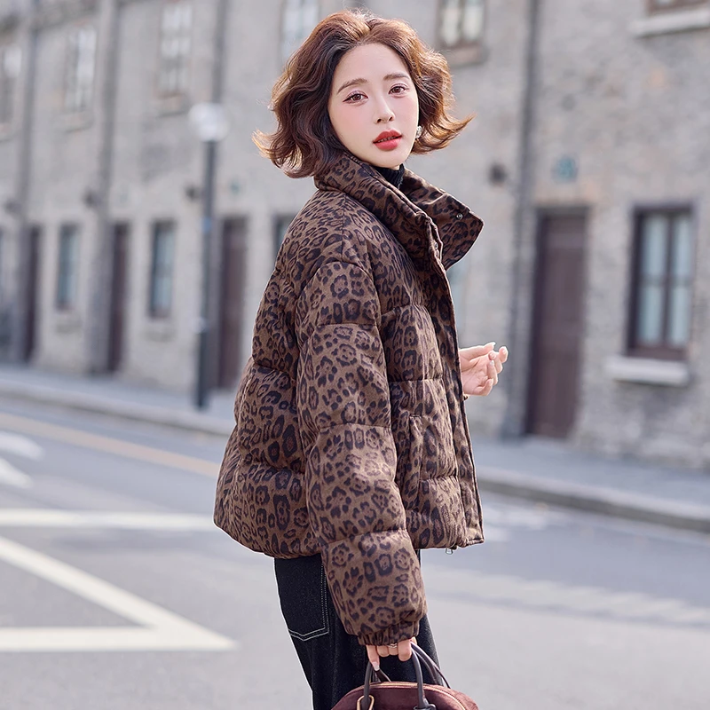 拉链女印染豹纹街头风厚款复古小个子冬装冬季女装外套加厚