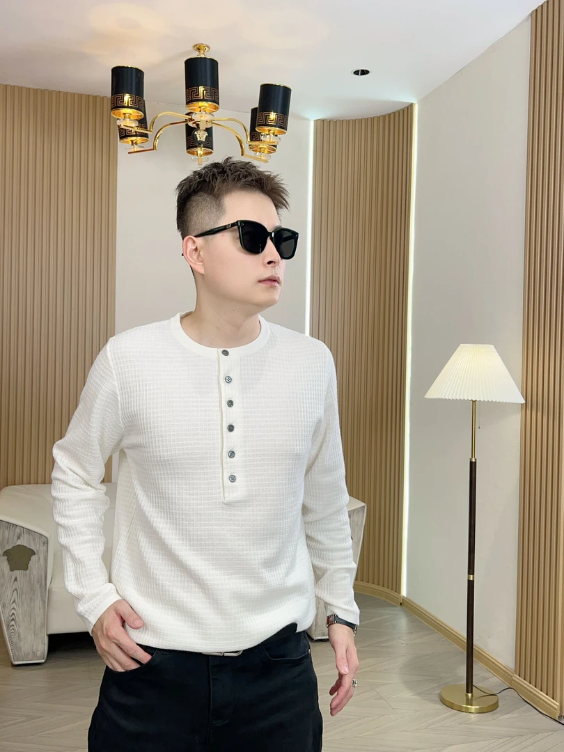 秋冬男士新款亨利领羊毛莱赛尔混纺华夫格针织打底衫轻奢气质百搭