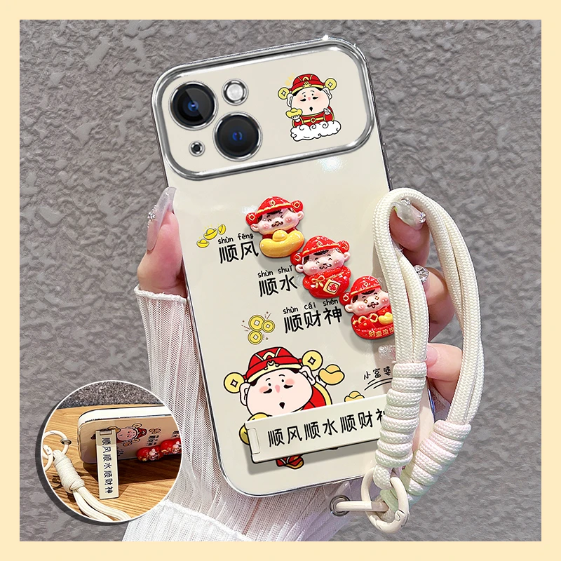 适用【苹果15】手机壳财神公仔大视窗支架女款软壳防摔卡通