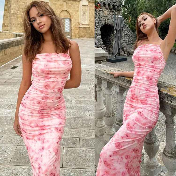 欧美2025夏季亚马逊跨境女装爆款性感吊带印花长裙修身包臀连衣裙