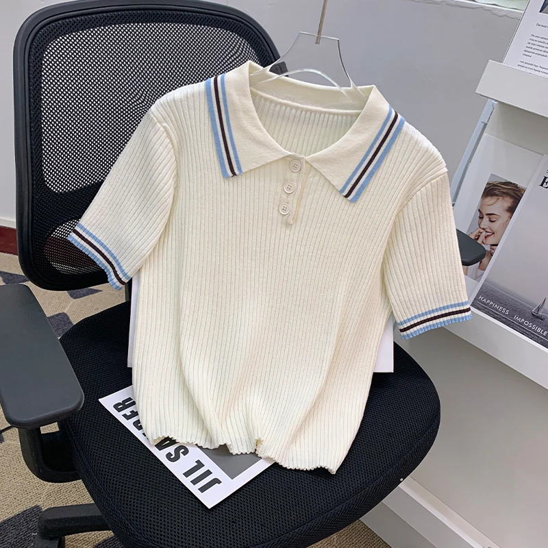 夏季新款韩系翻领套头撞色条纹针织衫美式正肩显瘦短款上衣