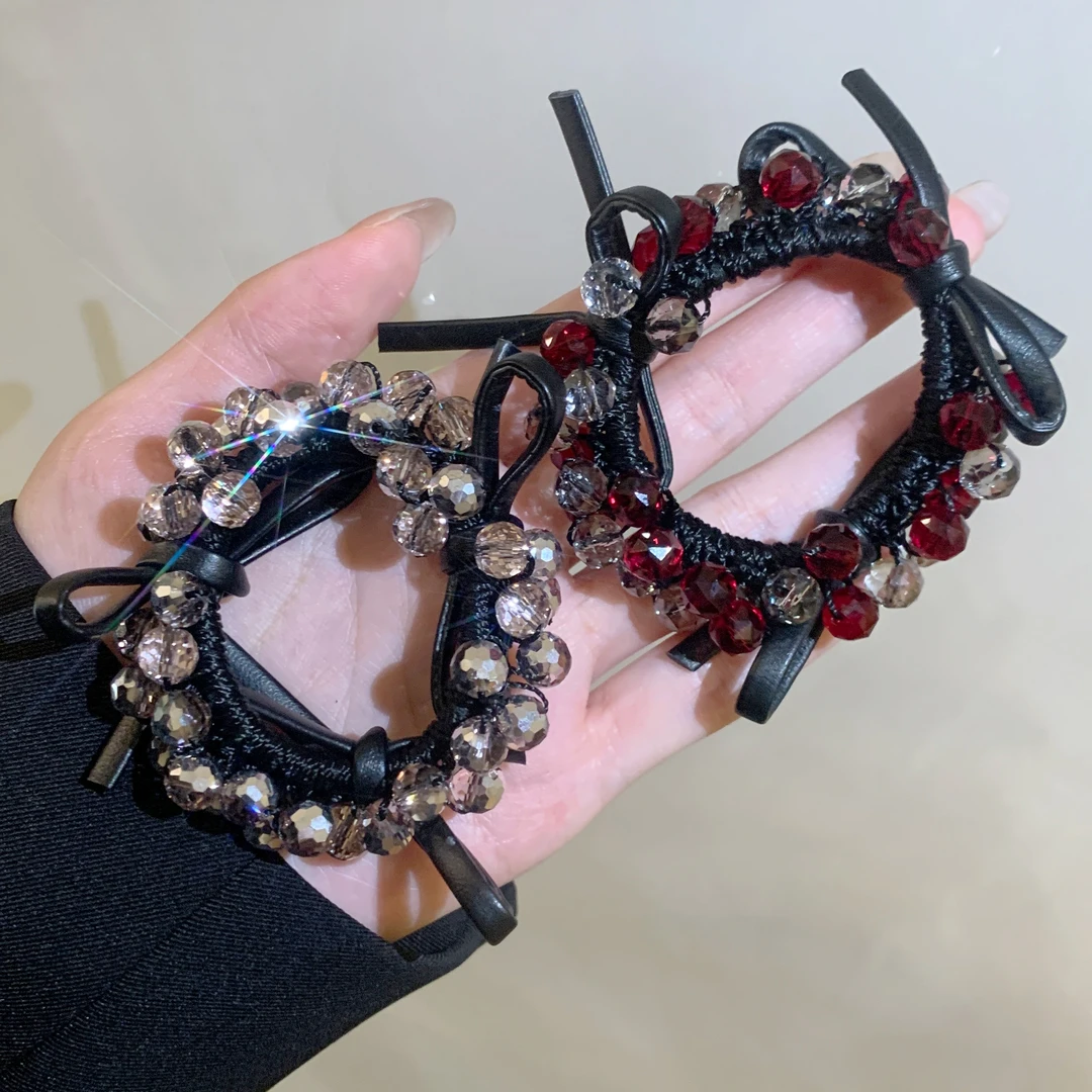 高级感皮面蝴蝶结闪闪珠发圈气质高弹力轻奢皮筋半扎发头绳发绳