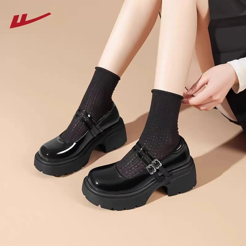 回力黑色玛丽珍鞋女2025秋季新款甜美粗跟厚底增高一字式扣带单鞋