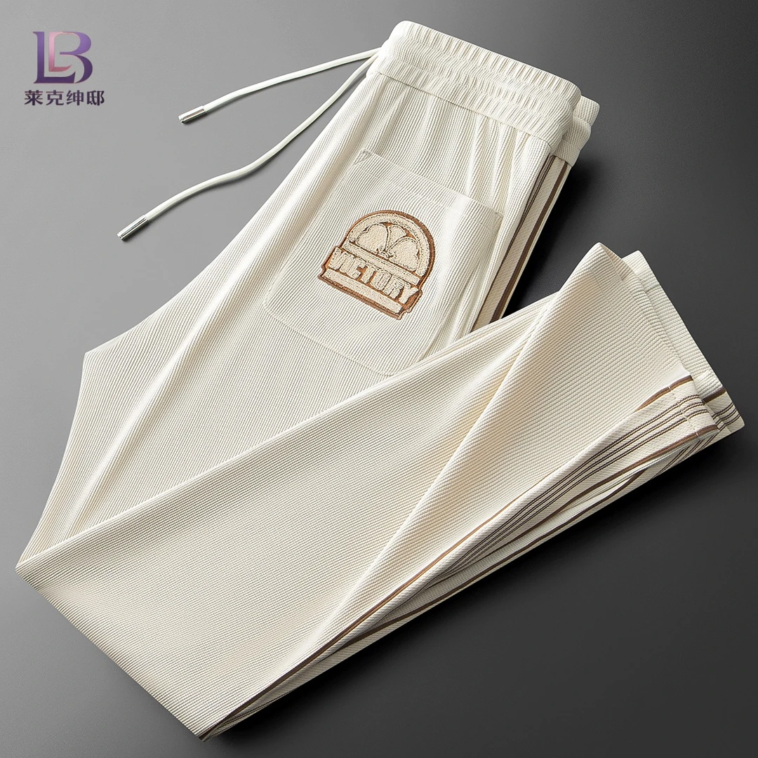 轻奢夏季时尚潮流撞色织带男士透气修身运动小直筒百搭卫裤休闲裤