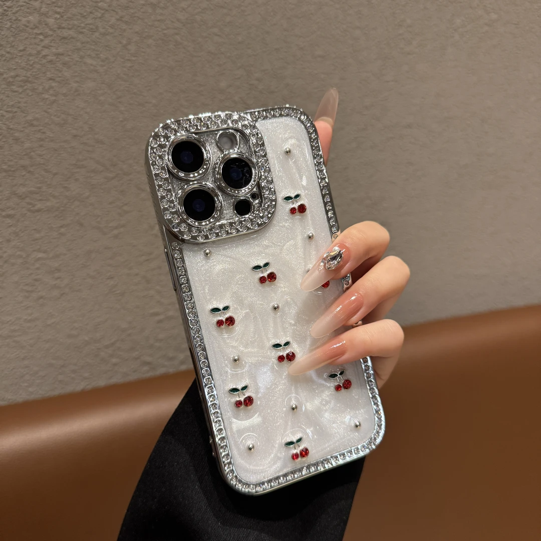 创意边钻樱桃适用苹果16promax手机壳简约iPhone15轻奢14个性13女