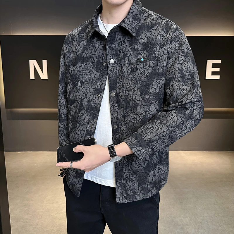 痞帅扎染牛仔外套男春秋季2025新款潮流满印翻领修身衣服男士外套