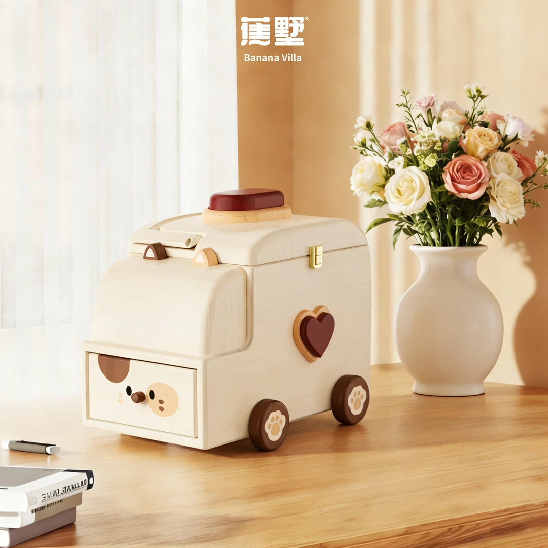 蕉墅家居104小猫药箱枫木木质可爱小熊小车车收纳箱收纳实木整木