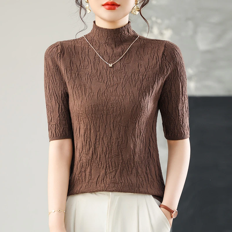 半高领短袖针织t恤女2025早秋新款修身毛衣显瘦上衣百搭打底衫薄