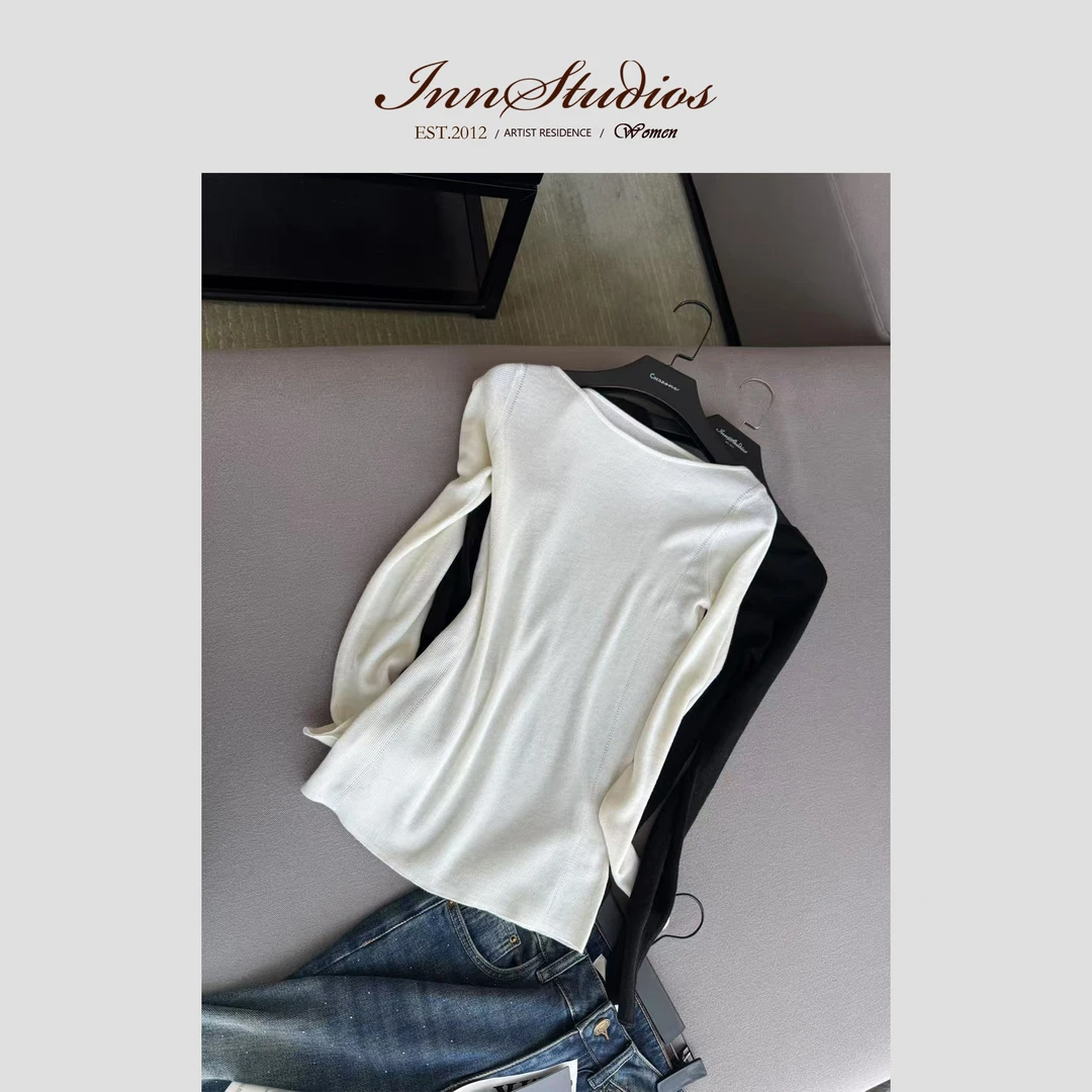 Innstudios 一字肩针织长袖打底上衣