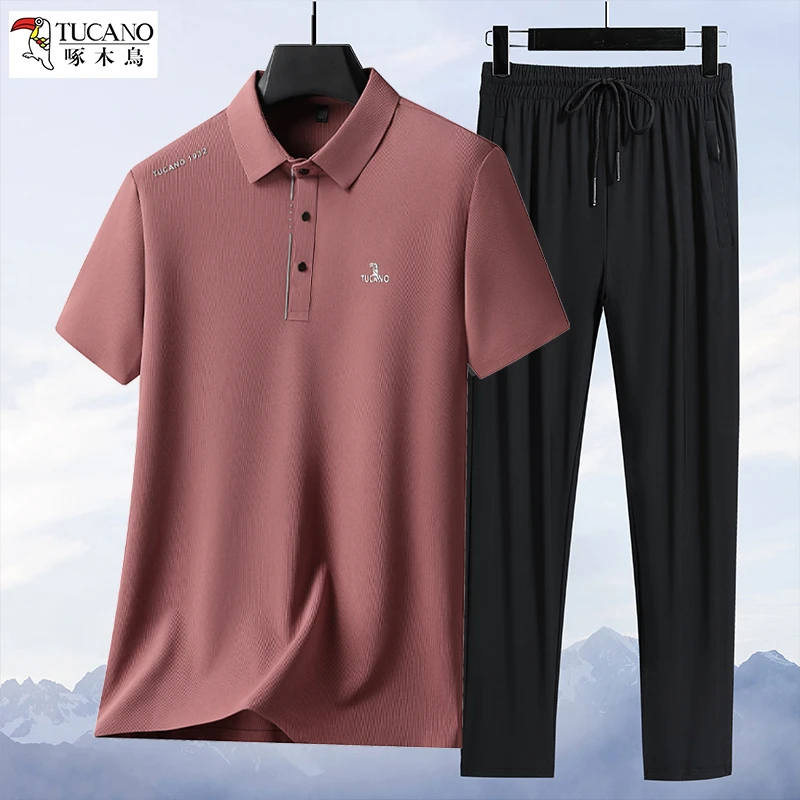 啄木鸟父亲节冰丝套装男中老年爸爸夏季薄款休闲运动短裤两件套