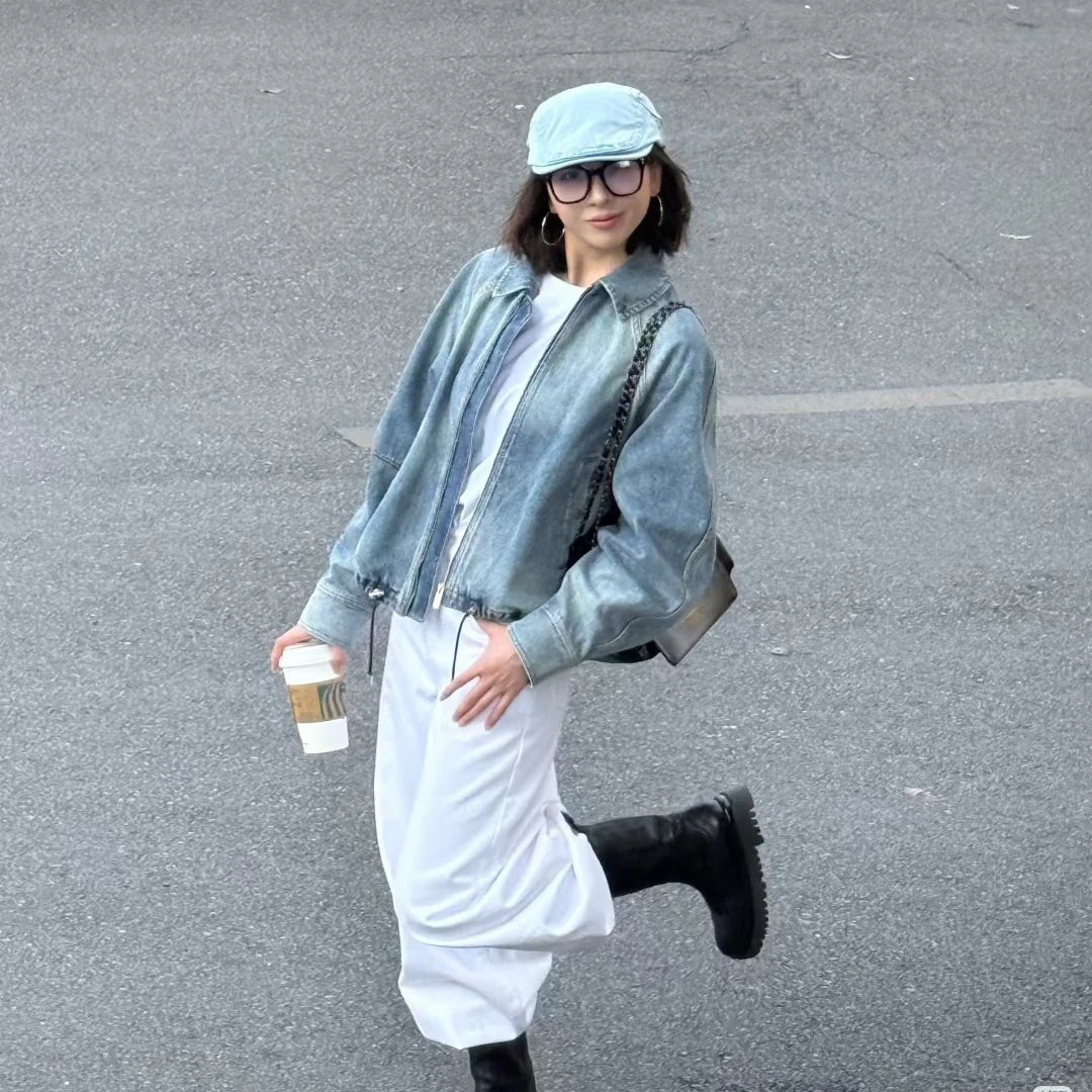 AMASS拉链水洗秋季圆领拼接抽绳短外套牛仔韩版气质设计感