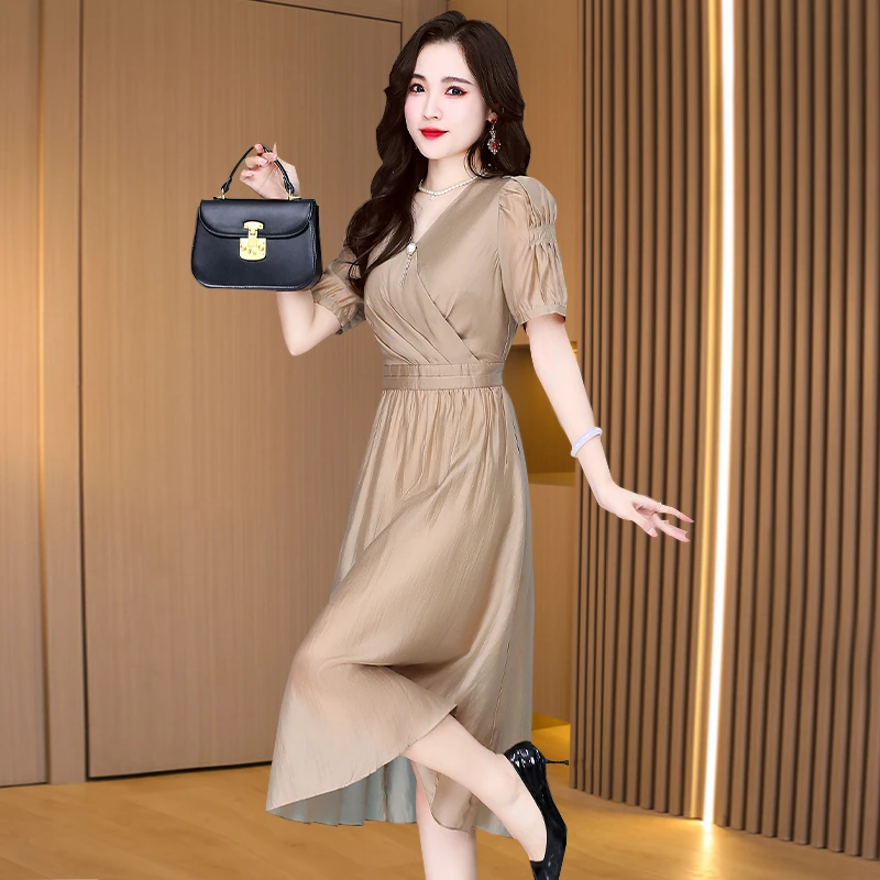 醋酸中长款收腰显瘦短袖连衣裙女春夏小个子修身气质名媛遮肚裙子
