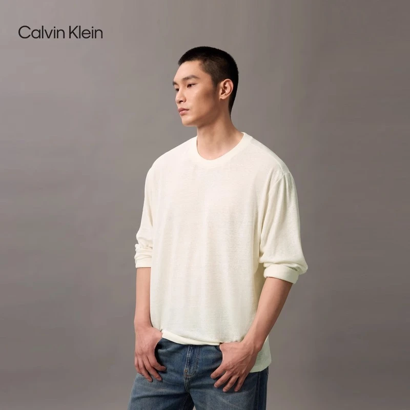 CK Jeans25早秋新款男女同款休闲亚麻混纺内搭针织长袖T恤