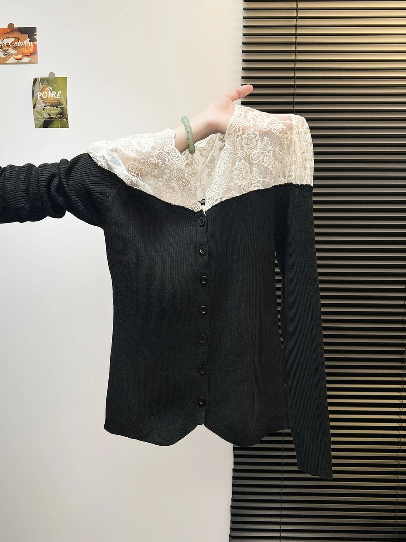 法式温柔风蕾丝拼接V领针织开衫女气质甜美显瘦长袖打底上衣I2-83
