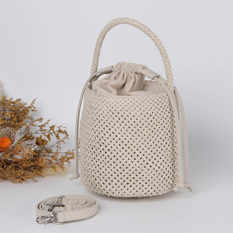 纯正马来西亚蛇皮原始手工编织水桶包小众设计抽绳手提单肩斜挎包