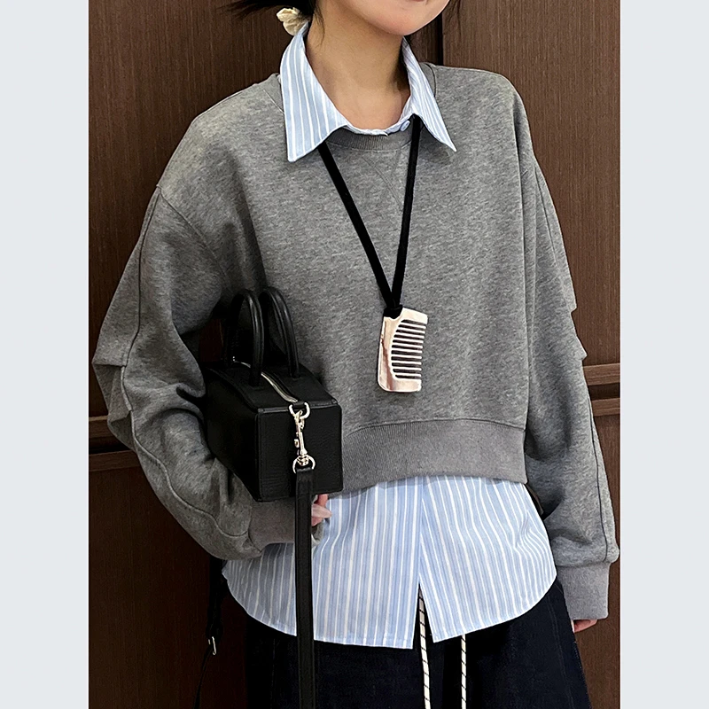 韩版条纹宽松撞色真两件套衬衫女5257-26020