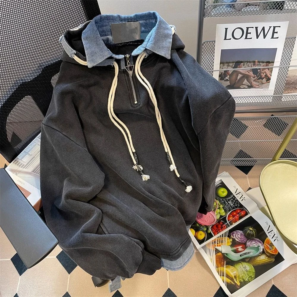 大码300斤美式假两件做旧polo衫连帽卫衣男女2025秋冬加绒外套潮