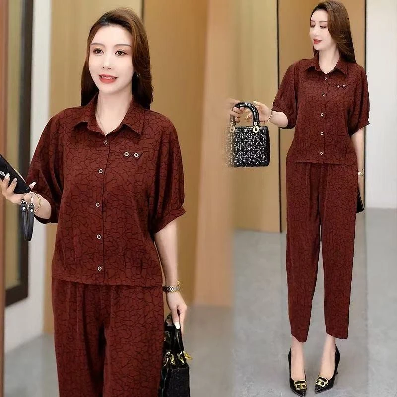 时尚洋气套装女2025夏季新款洋气显瘦妈妈装短袖衬衣哈伦裤两件套