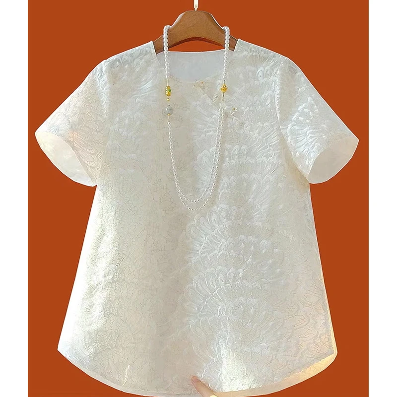 白色新中式圆领短袖T恤女夏季新款复古盘扣重工刺绣国风上衣衬衫
