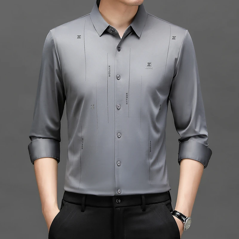 春秋新款男士抗皱免烫长袖衬衫青年高档轻奢弹力无痕衬衣商务休闲
