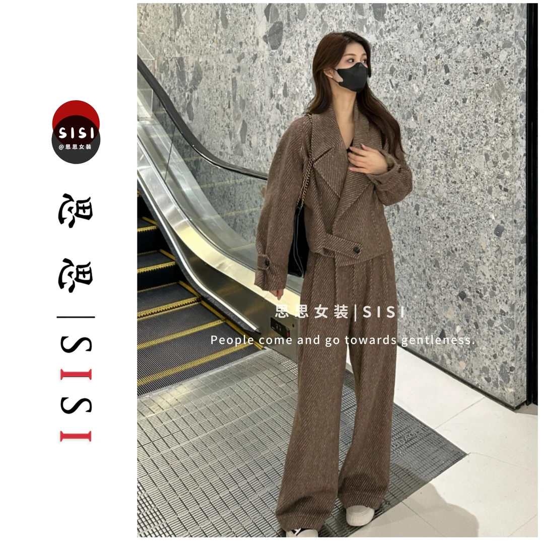 【清货】两件套/Liixu春季新款人字纹翻领短款毛呢外套显瘦阔腿裤