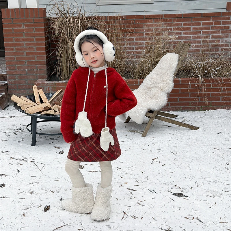【仿貂绒毛衣】女童潮儿童休闲可爱小兔耳朵连帽外针织套上衣25M158
