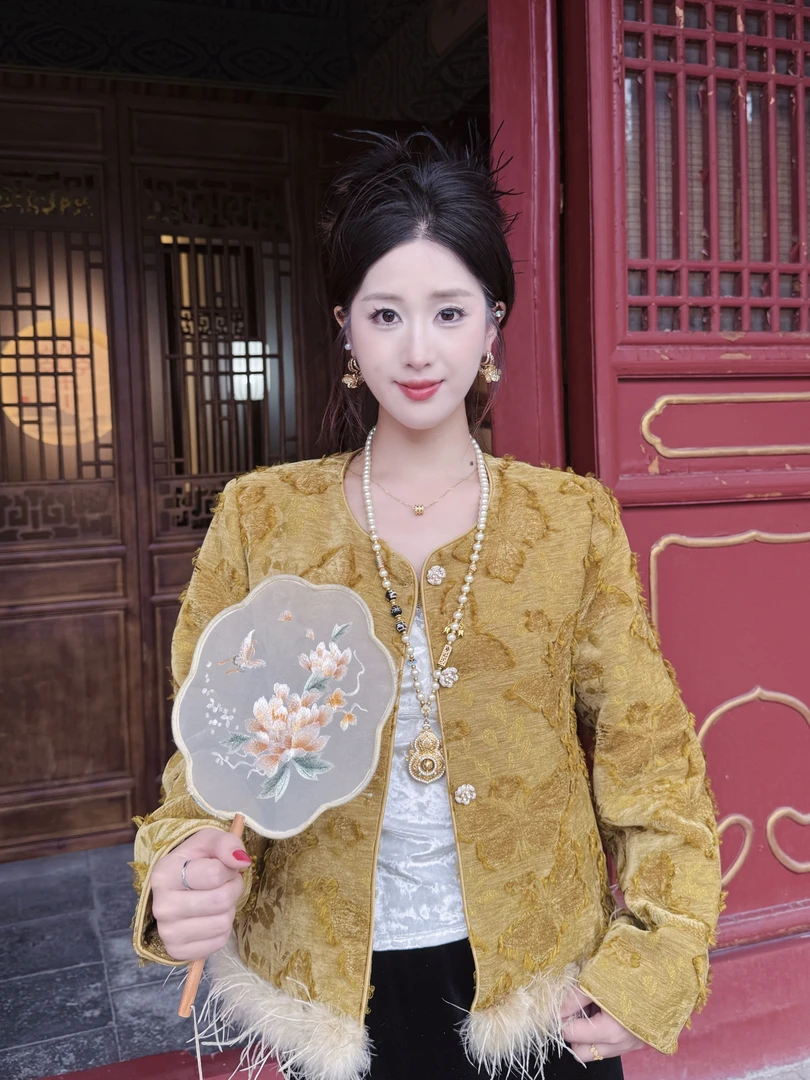 秋冬季新中式新款国风植绒提花高级感拼接驼鸟毛加棉外套25150